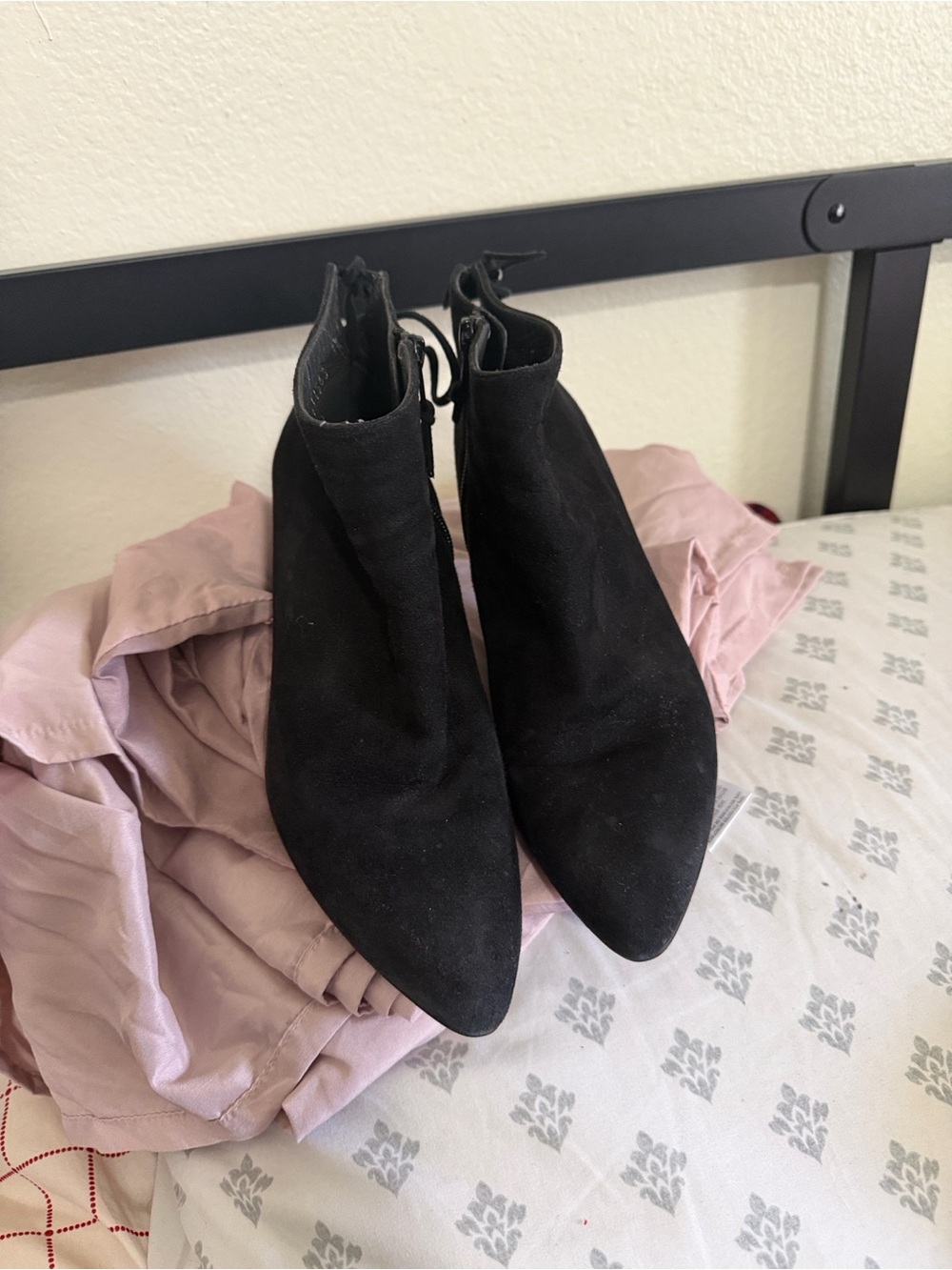 Stuart Weitzman Black Pointed Suede Ankle Booties with Back Tie